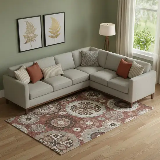 Rust Gray And Beige Medallion Washable Area Rug With UV Protection Photo 1