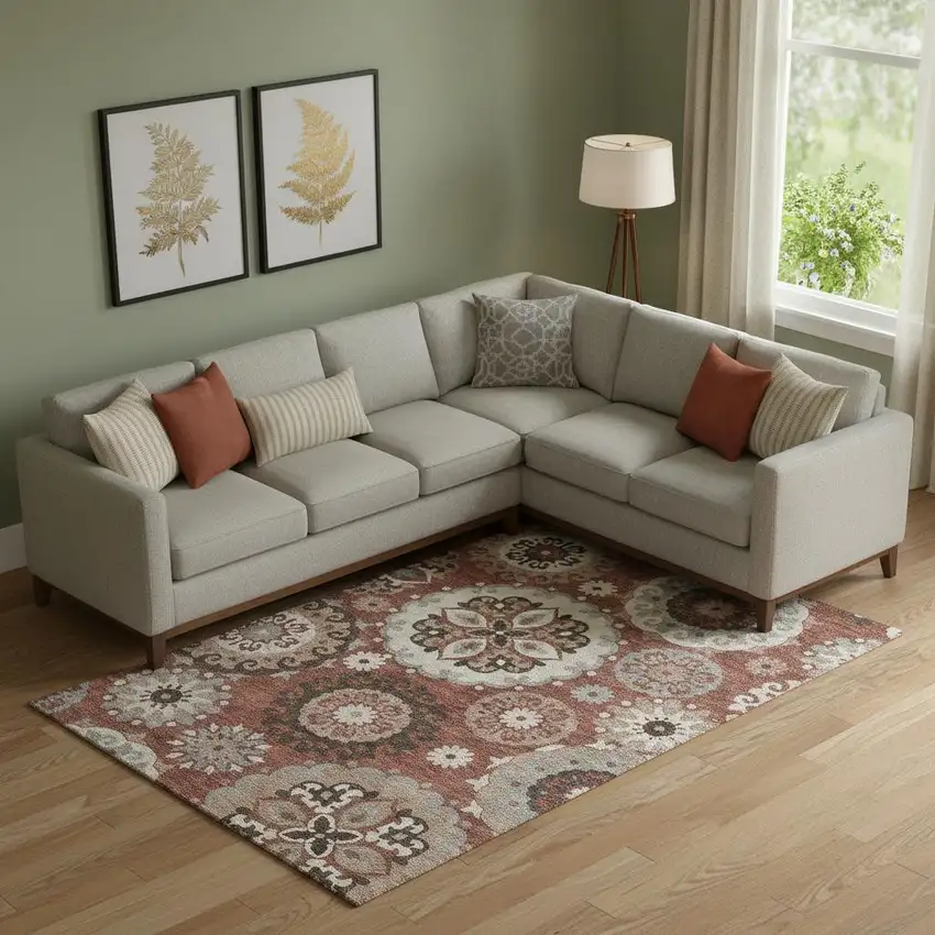 Rust Gray And Beige Medallion Washable Area Rug With UV Protection Photo 1