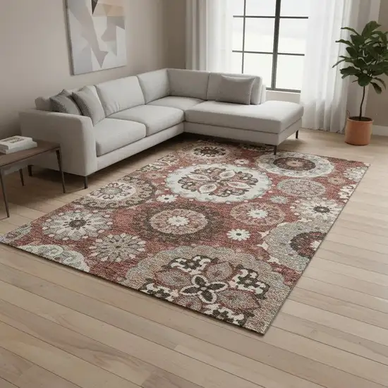 Rust Gray And Beige Medallion Washable Area Rug With UV Protection Photo 2