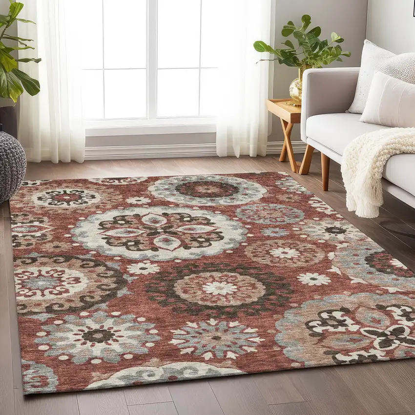 Rust Gray And Beige Medallion Washable Area Rug With UV Protection Photo 5