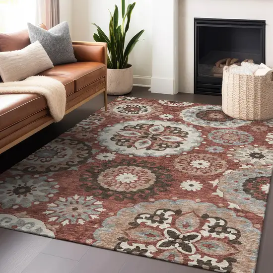 Rust Gray And Beige Medallion Washable Area Rug With UV Protection Photo 6
