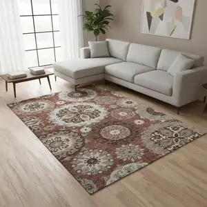 Photo of Rust Gray And Beige Medallion Washable Area Rug With UV Protection