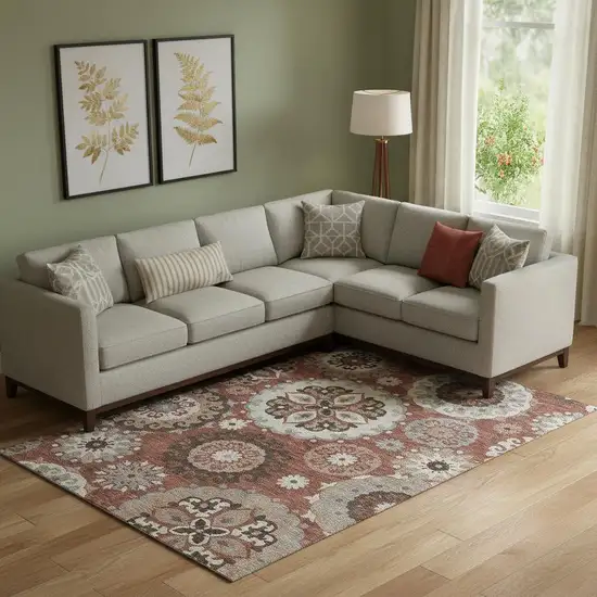 Rust Gray And Beige Medallion Washable Area Rug With UV Protection Photo 1