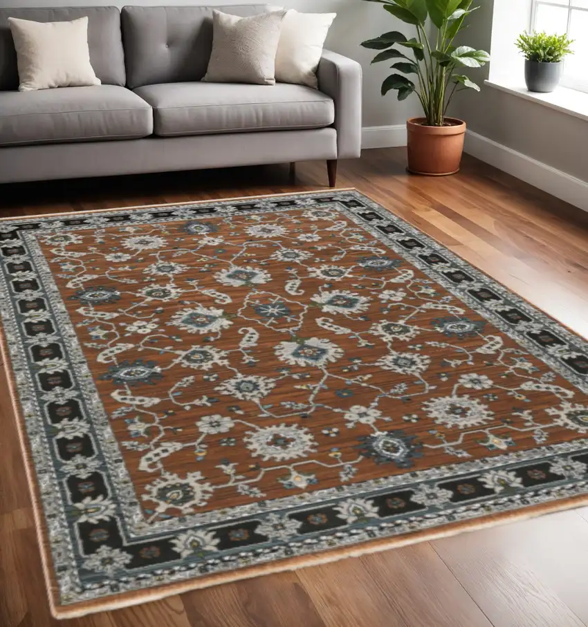 Rust Gray And Beige Oriental Area Rug With Fringe Photo 1