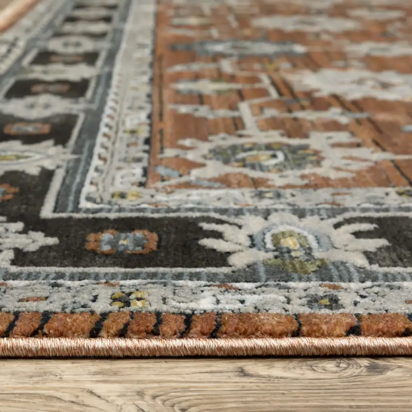 Rust Gray And Beige Oriental Area Rug With Fringe Photo 3