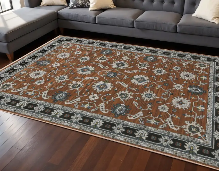 Rust Gray And Beige Oriental Area Rug With Fringe Photo 1