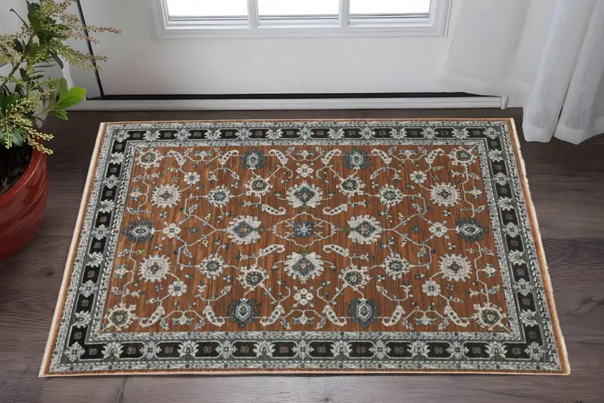 Rust Gray And Beige Oriental Area Rug With Fringe Photo 1