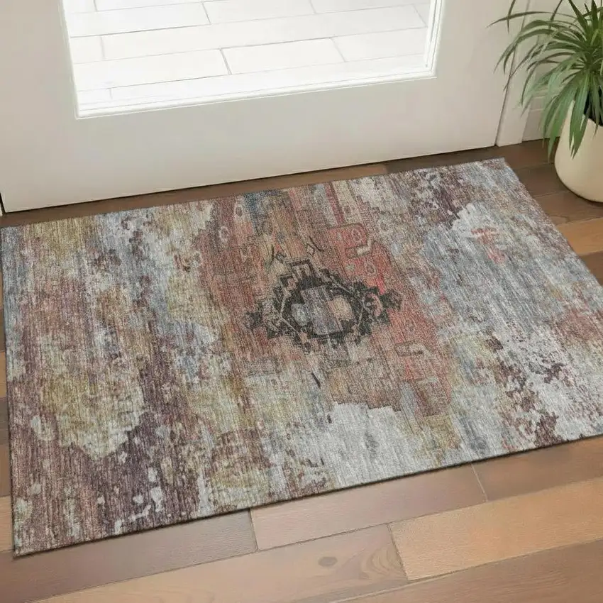 Rust Gray And Beige Oriental Washable Area Rug With UV Protection Photo 2