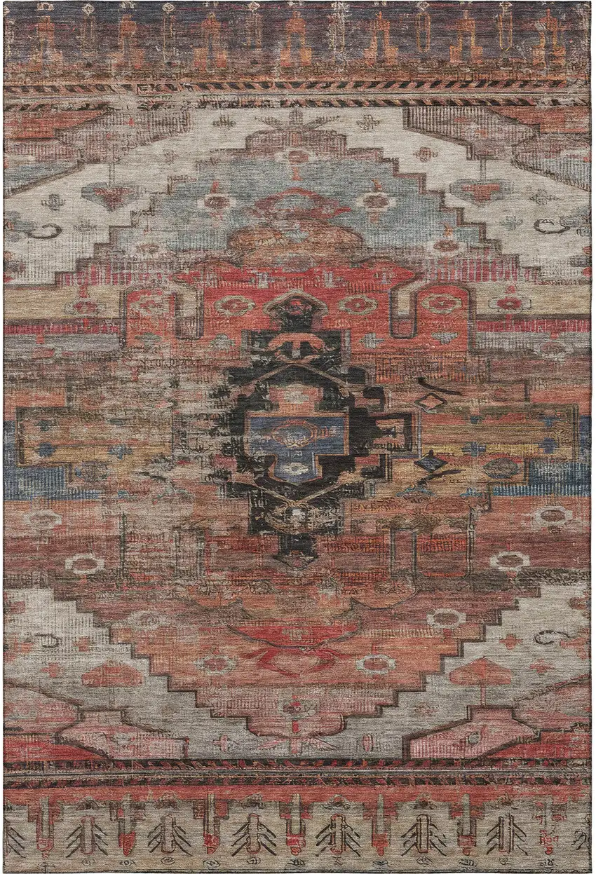 Rust Gray And Beige Oriental Washable Area Rug With UV Protection Photo 3
