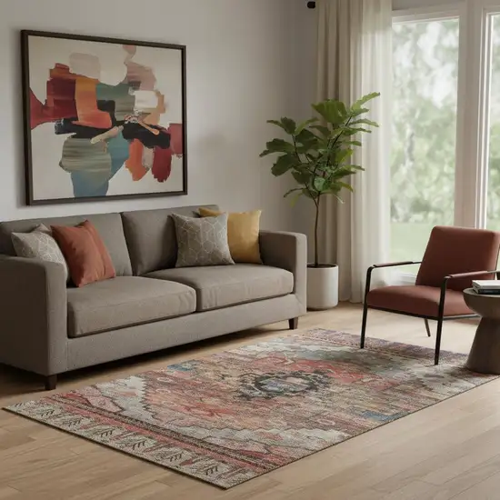 Rust Gray And Beige Oriental Washable Area Rug With UV Protection Photo 2