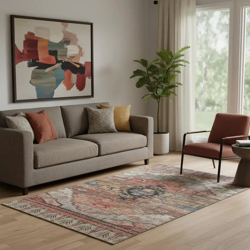 Rust Gray And Beige Oriental Washable Area Rug With UV Protection Photo 2