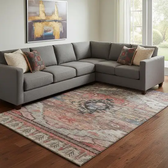 Rust Gray And Beige Oriental Washable Area Rug With UV Protection Photo 2