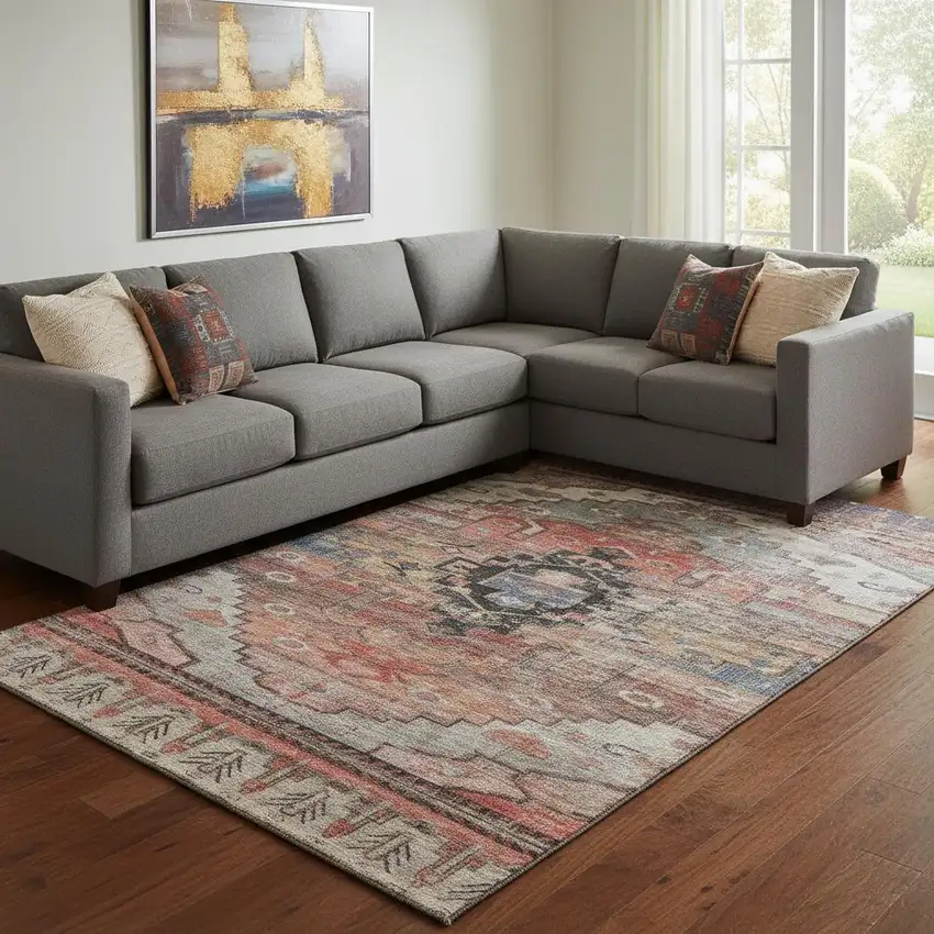 Rust Gray And Beige Oriental Washable Area Rug With UV Protection Photo 2