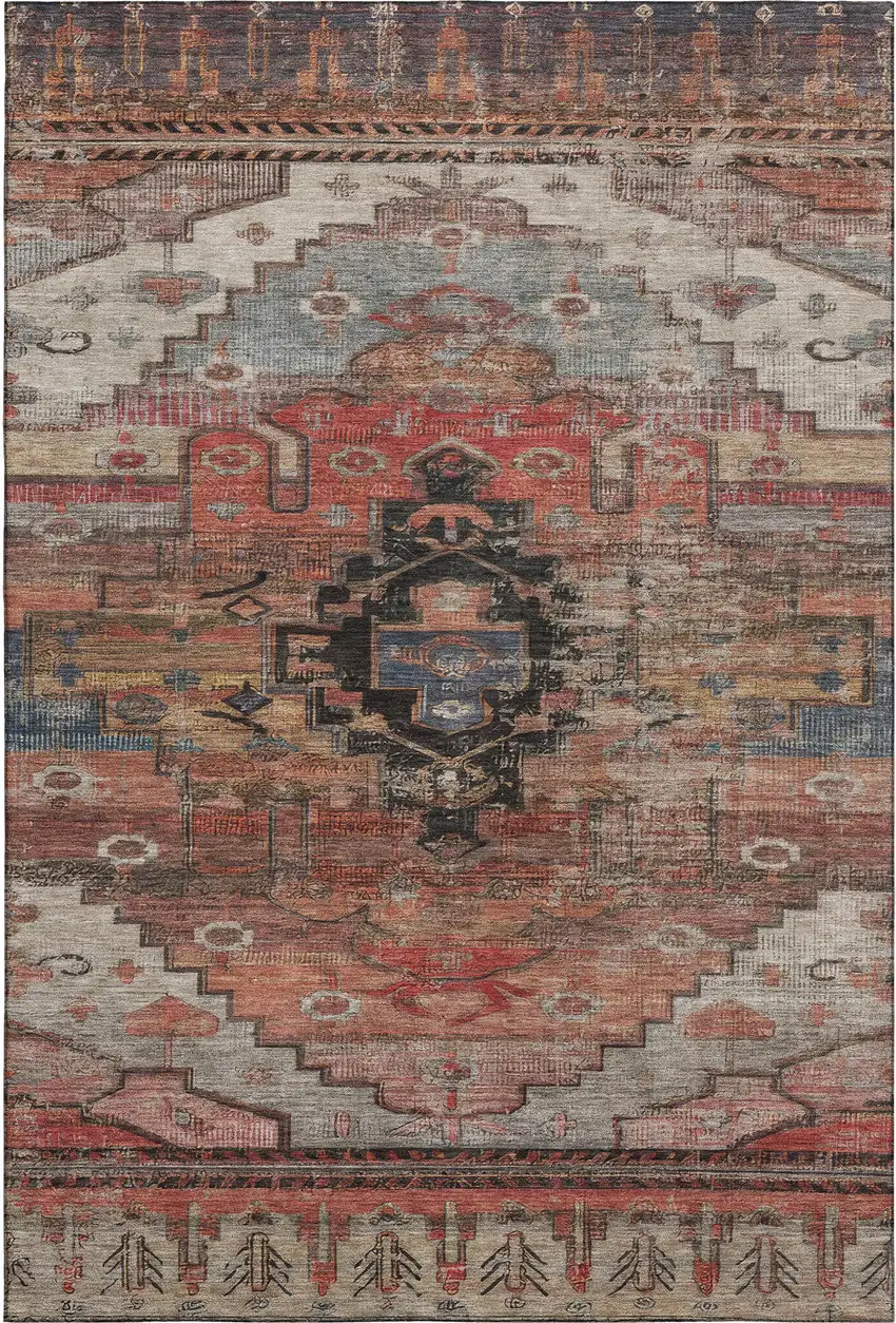 Rust Gray And Beige Oriental Washable Area Rug With UV Protection Photo 1