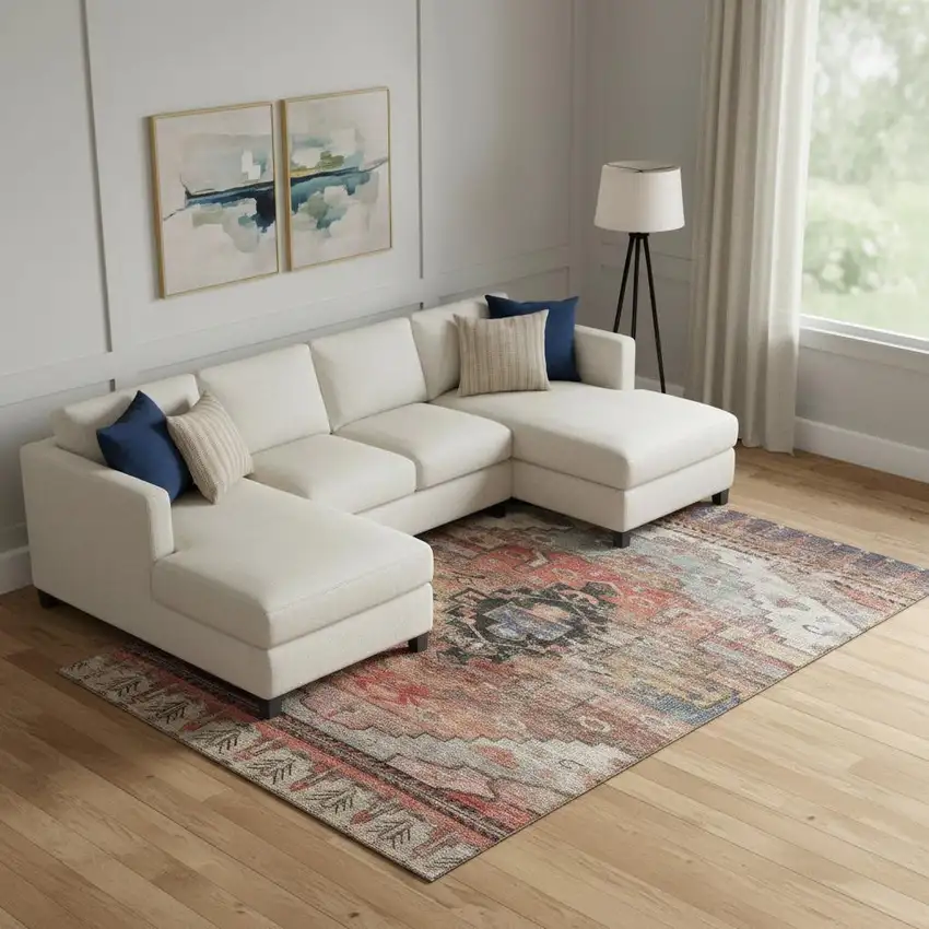 Rust Gray And Beige Oriental Washable Area Rug With UV Protection Photo 2