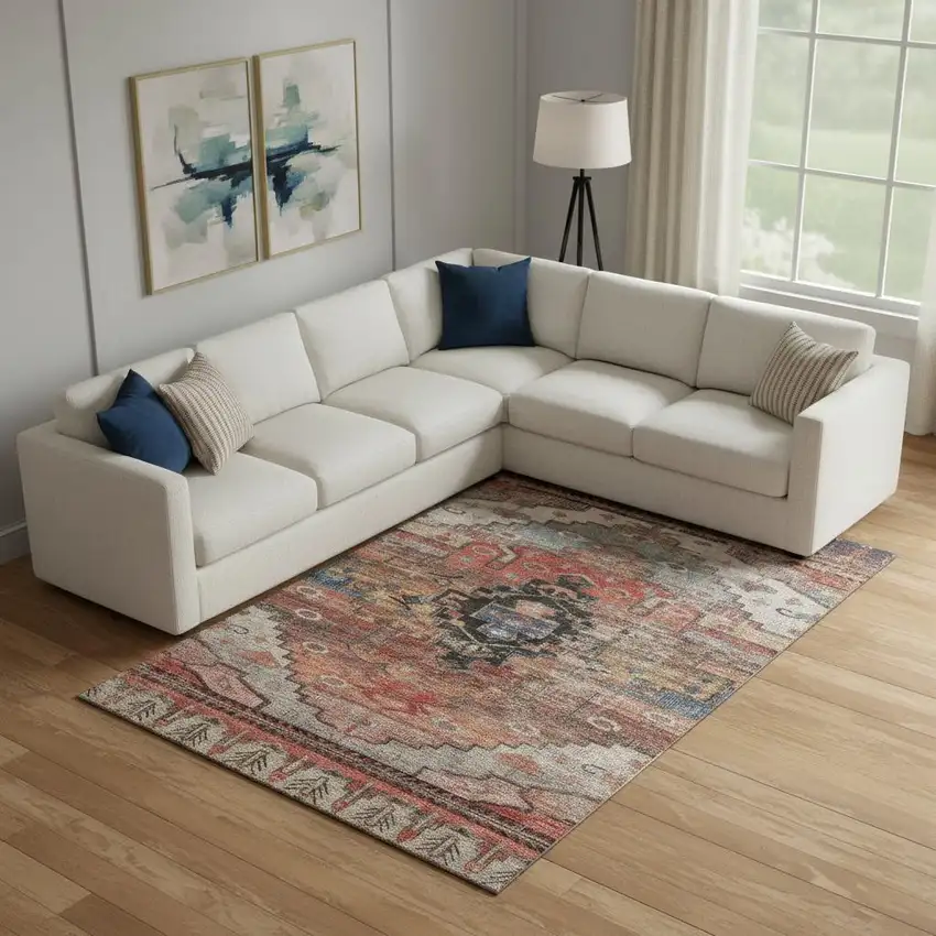 Rust Gray And Beige Oriental Washable Area Rug With UV Protection Photo 2