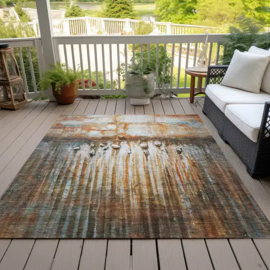 Rust Gray And Blue Abstract Washable Indoor Outdoor Area Rug Photo 7