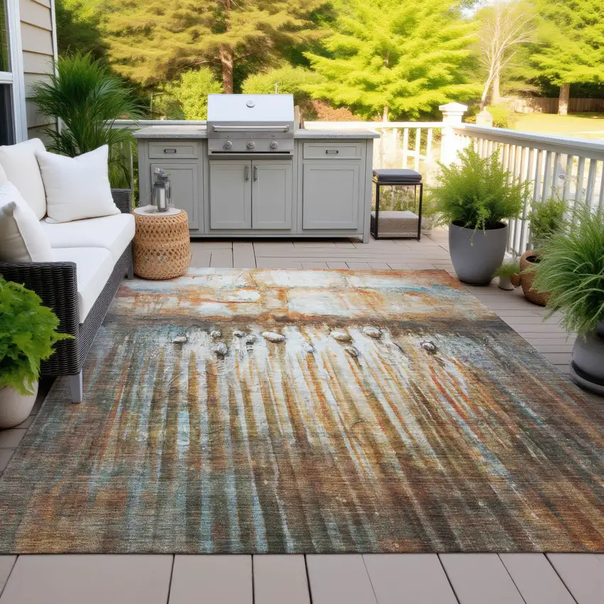 Rust Gray And Blue Abstract Washable Indoor Outdoor Area Rug Photo 4
