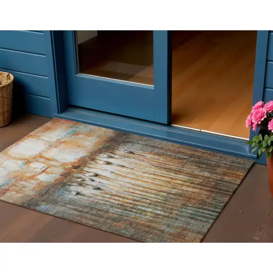 Rust Gray And Blue Abstract Washable Indoor Outdoor Area Rug Photo 2