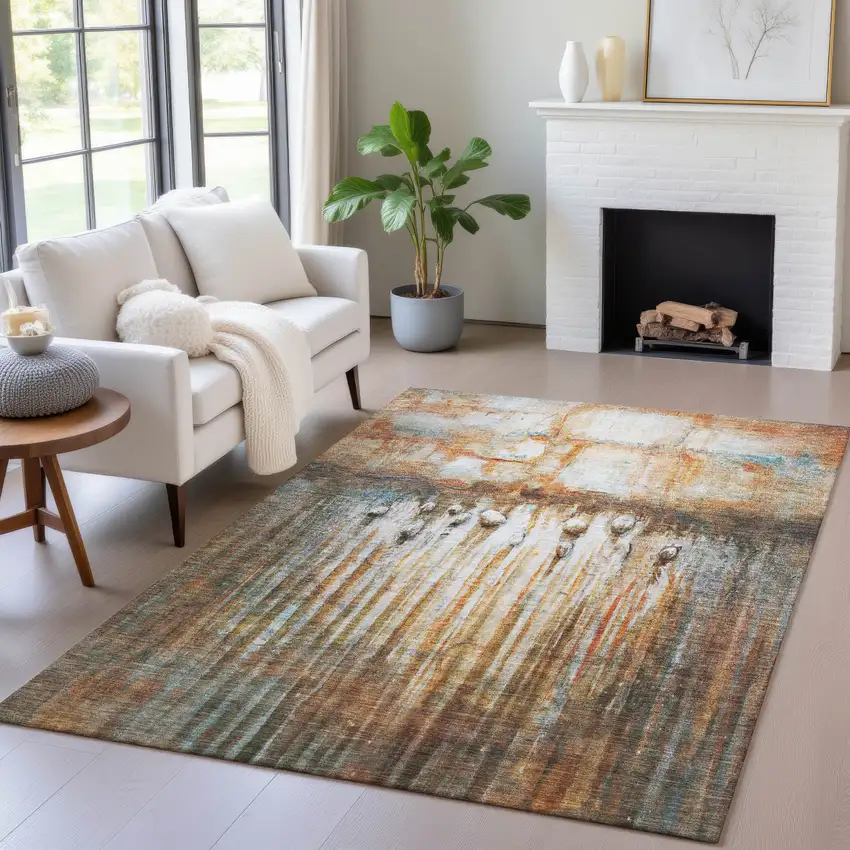 Rust Gray And Blue Abstract Washable Indoor Outdoor Area Rug Photo 5