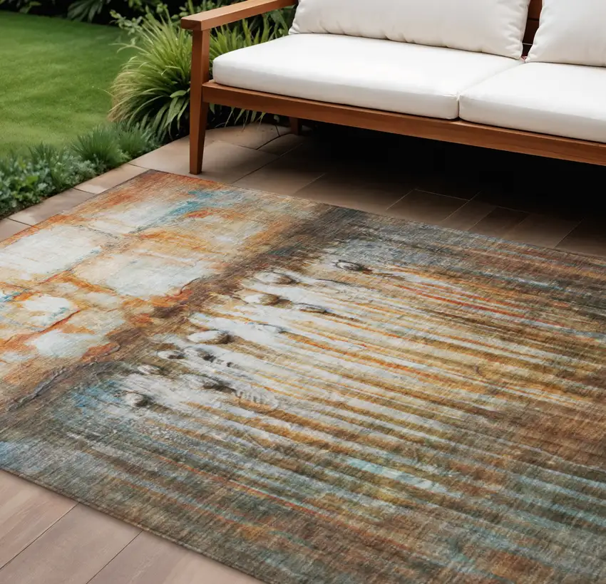 Rust Gray And Blue Abstract Washable Indoor Outdoor Area Rug Photo 2