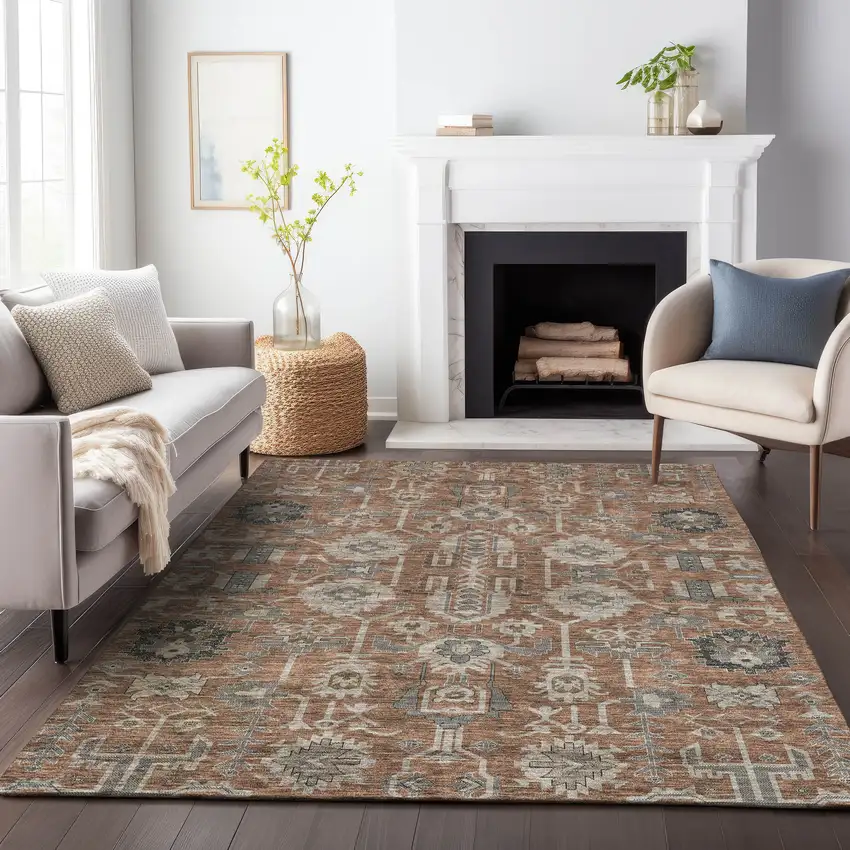 Rust Gray And Charcoal Oriental Washable Area Rug With UV Protection Photo 5