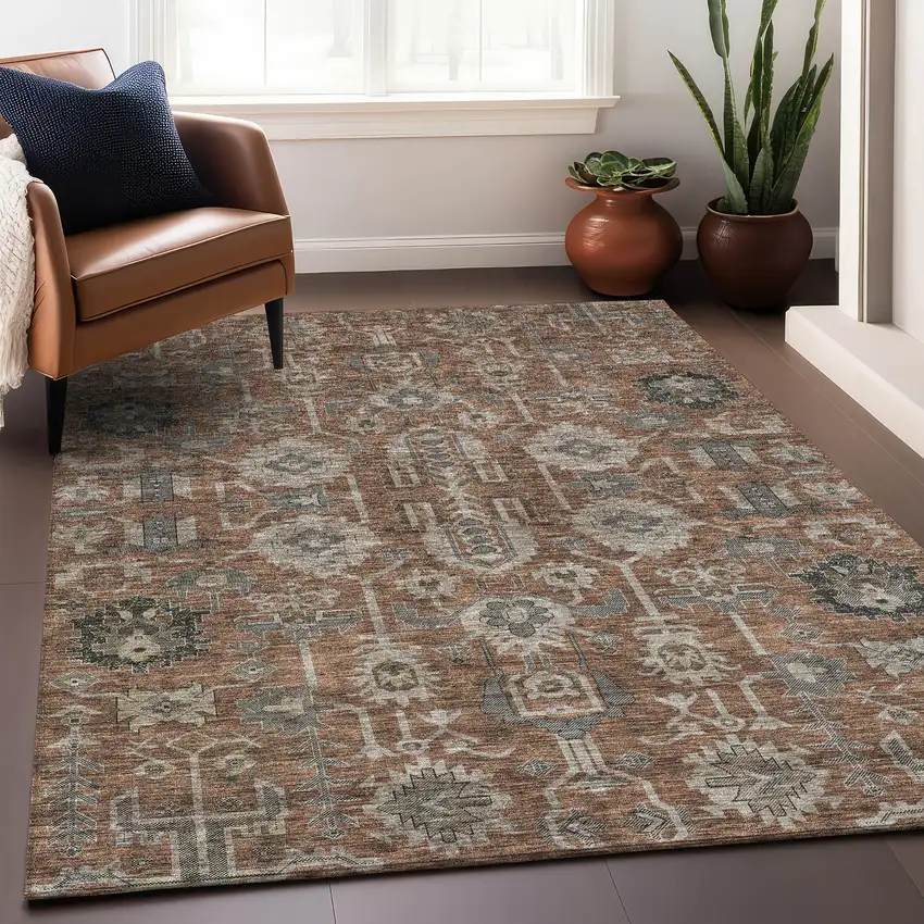 Rust Gray And Charcoal Oriental Washable Area Rug With UV Protection Photo 5