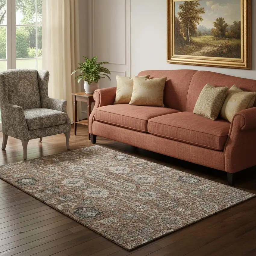 Rust Gray And Charcoal Oriental Washable Area Rug With UV Protection Photo 1