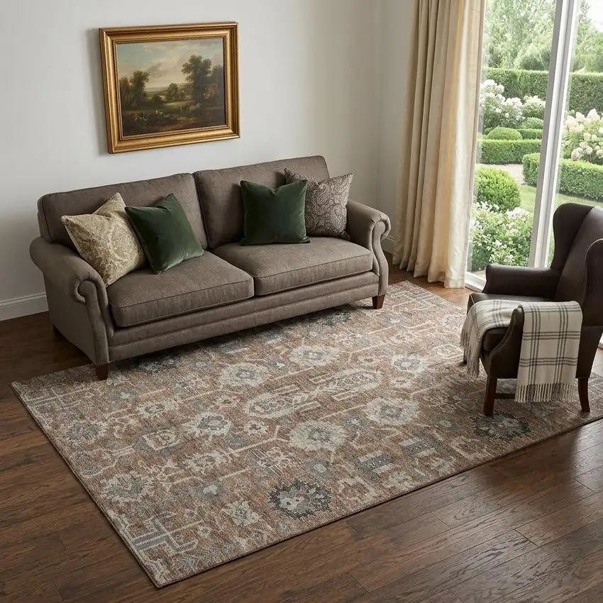 Rust Gray And Charcoal Oriental Washable Area Rug With UV Protection Photo 1