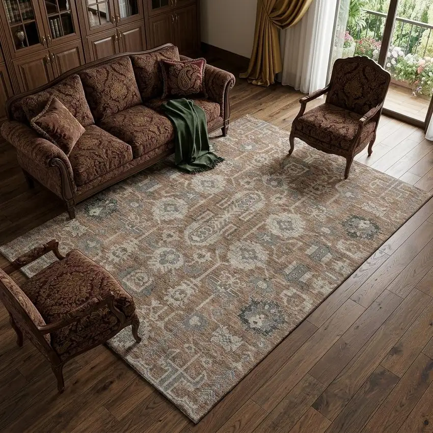 Rust Gray And Charcoal Oriental Washable Area Rug With UV Protection Photo 1
