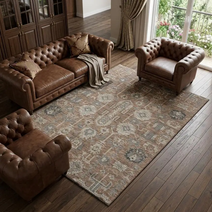 Rust Gray And Charcoal Oriental Washable Area Rug With UV Protection Photo 1