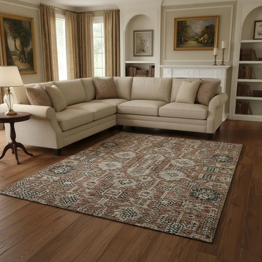 Rust Gray And Charcoal Oriental Washable Area Rug With UV Protection Photo 1