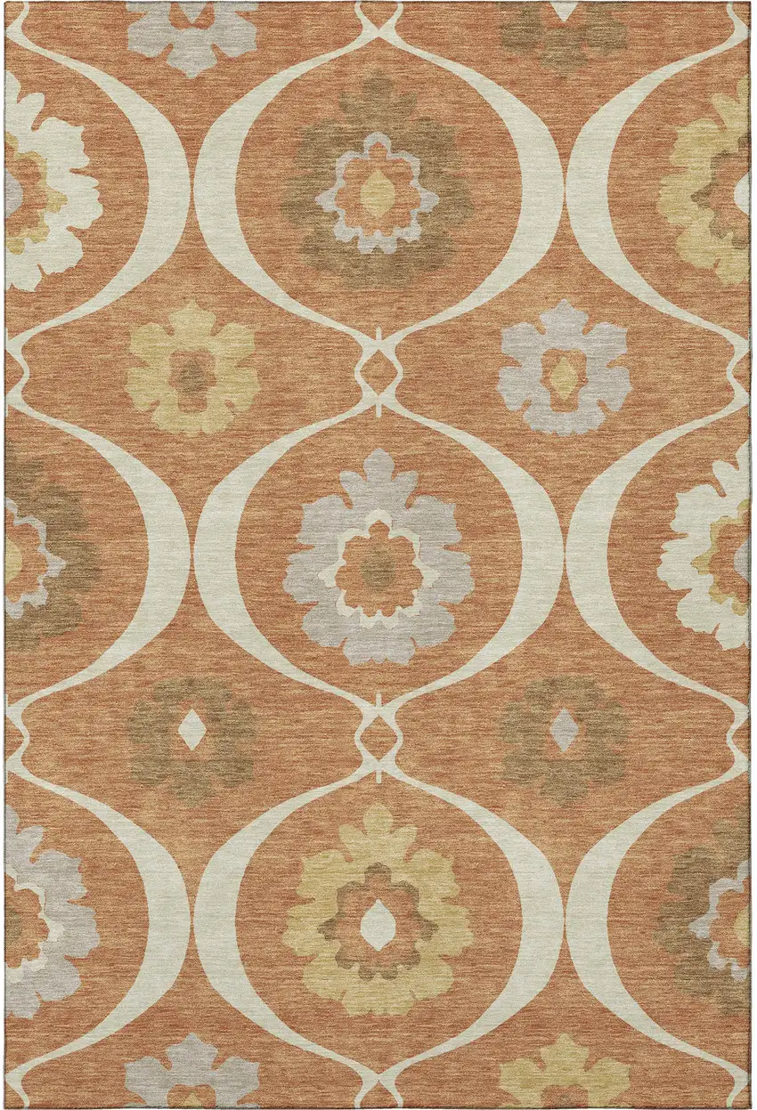 Rust Gray And Gold Medallion Washable Area Rug With UV Protection Photo 3