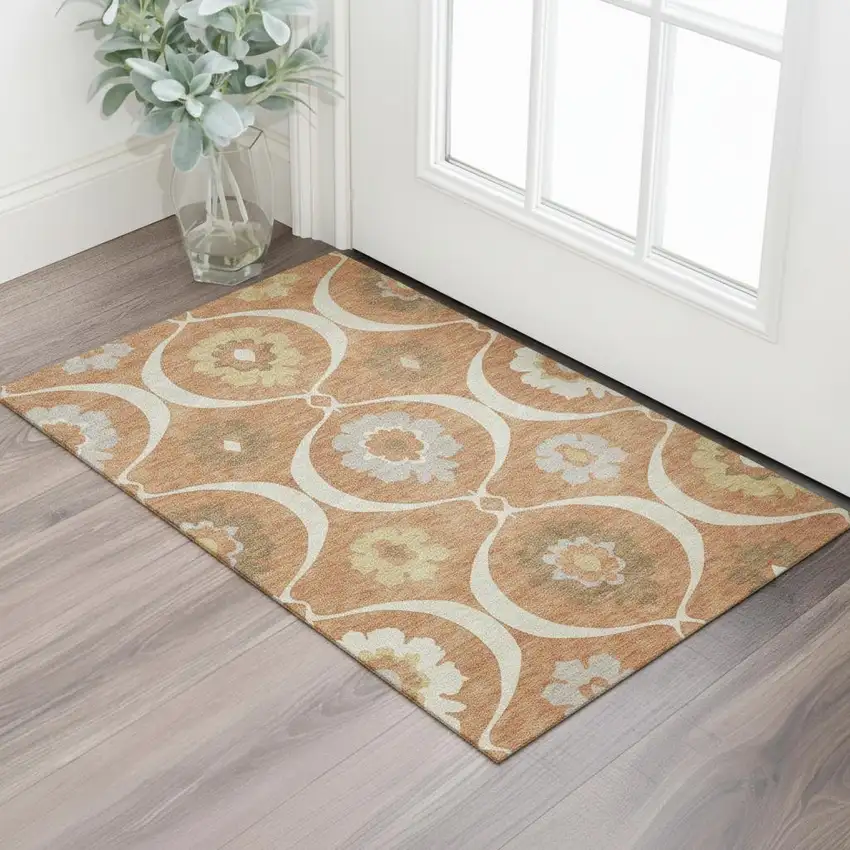Rust Gray And Gold Medallion Washable Area Rug With UV Protection Photo 1