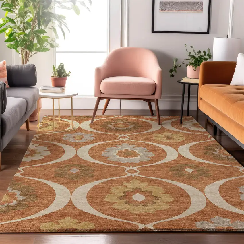 Rust Gray And Gold Medallion Washable Area Rug With UV Protection Photo 5