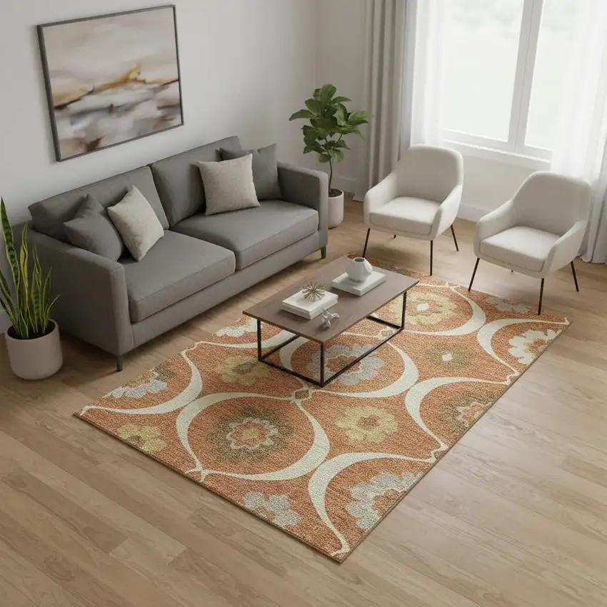 Rust Gray And Gold Medallion Washable Area Rug With UV Protection Photo 2