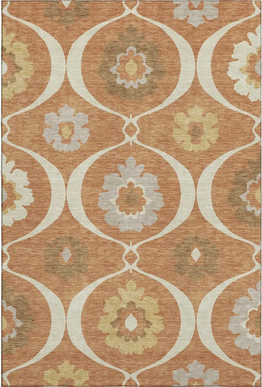 Rust Gray And Gold Medallion Washable Area Rug With UV Protection Photo 1
