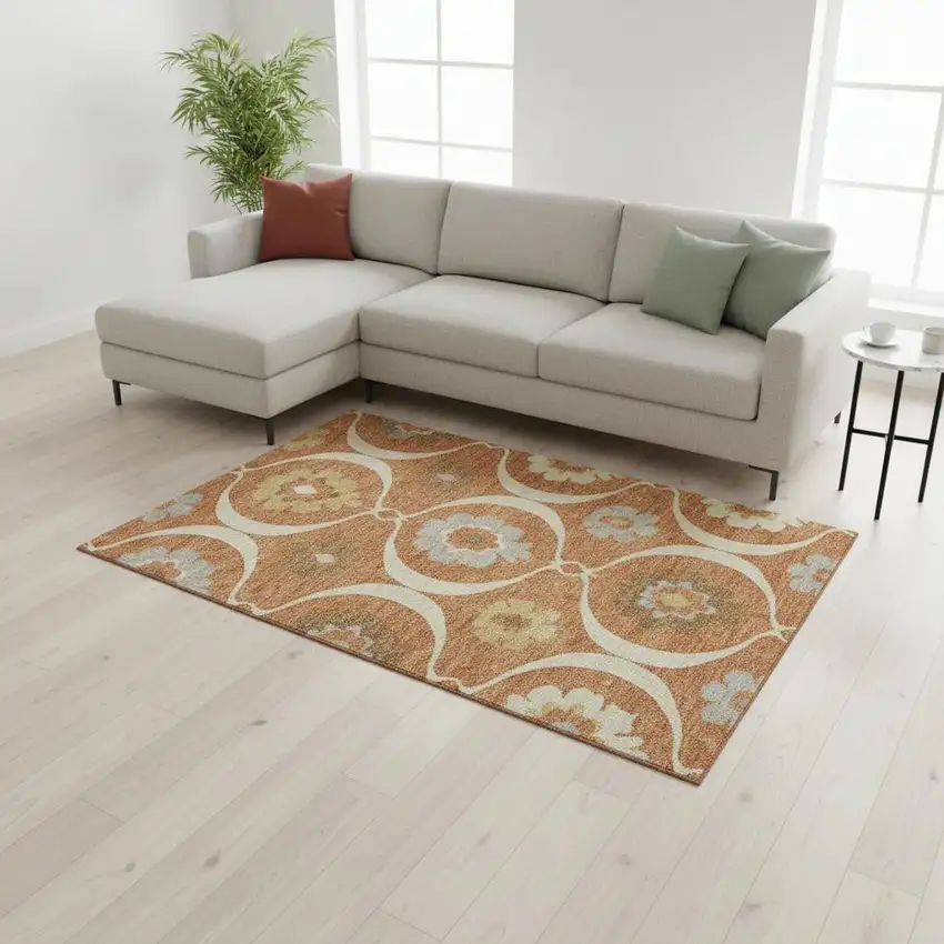 Rust Gray And Gold Medallion Washable Area Rug With UV Protection Photo 2