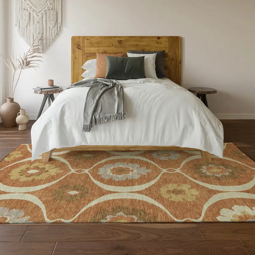 Rust Gray And Gold Medallion Washable Area Rug With UV Protection Photo 6