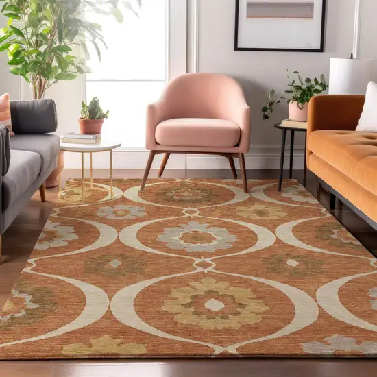 Rust Gray And Gold Medallion Washable Area Rug With UV Protection Photo 5