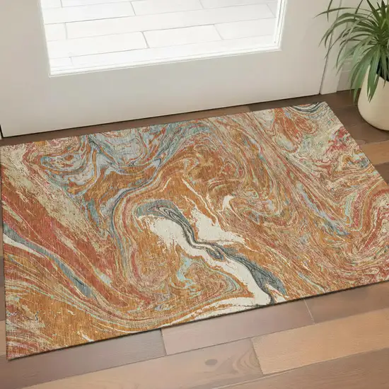 Rust Gray And Ivory Abstract Washable Area Rug With UV Protection Photo 1