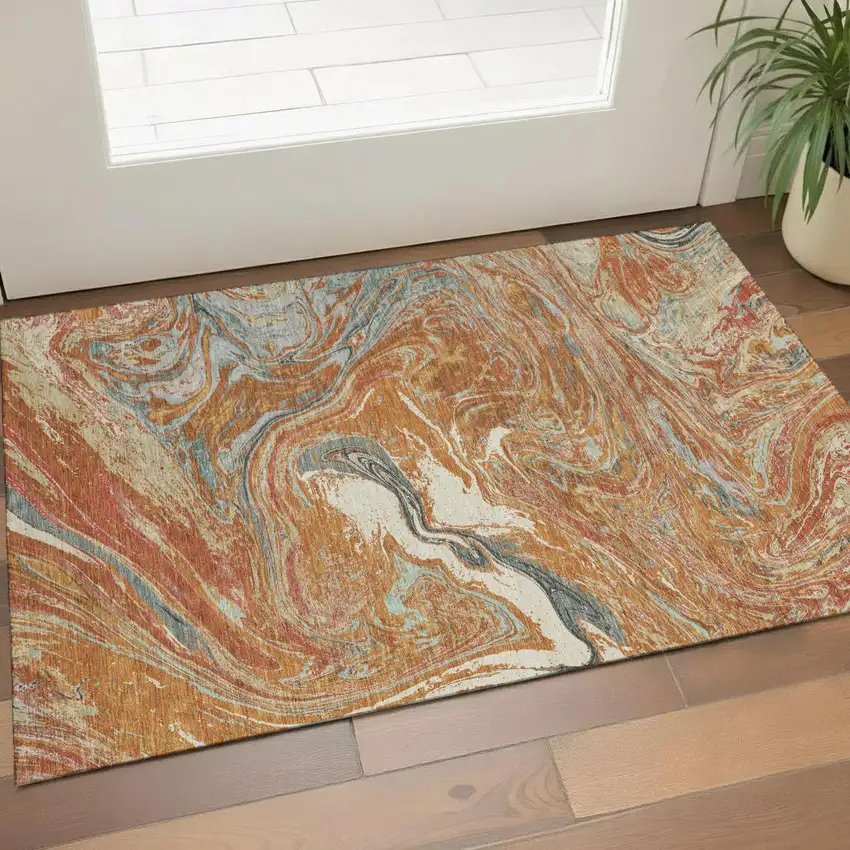 Rust Gray And Ivory Abstract Washable Area Rug With UV Protection Photo 1