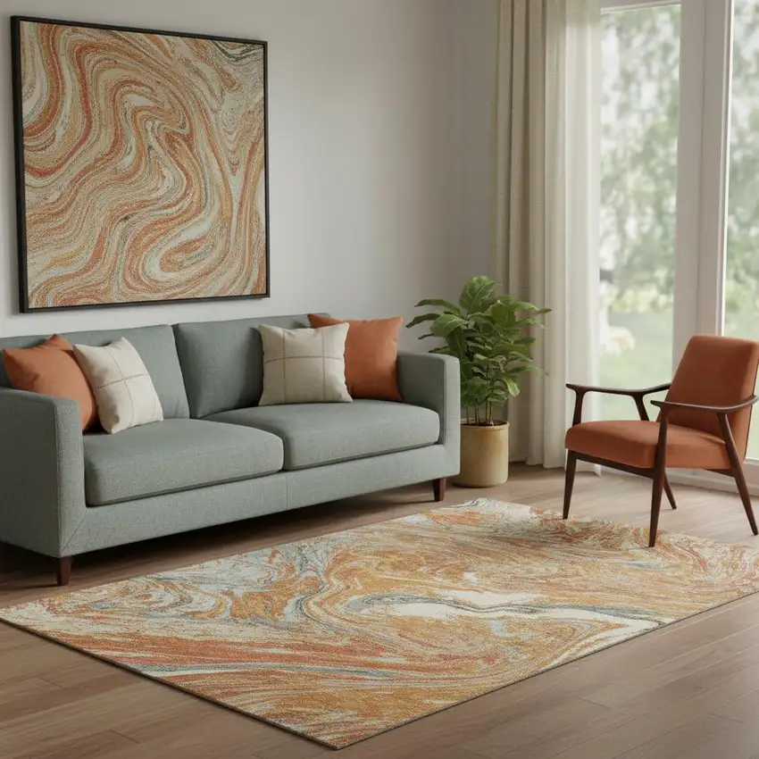 Rust Gray And Ivory Abstract Washable Area Rug With UV Protection Photo 2
