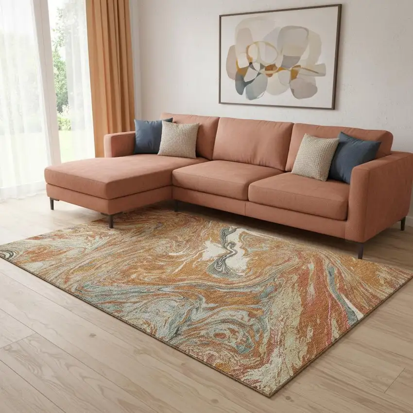 Rust Gray And Ivory Abstract Washable Area Rug With UV Protection Photo 2