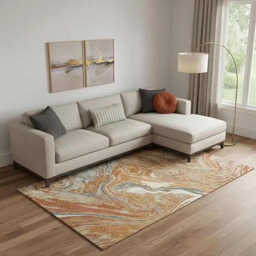 Rust Gray And Ivory Abstract Washable Area Rug With UV Protection Photo 2