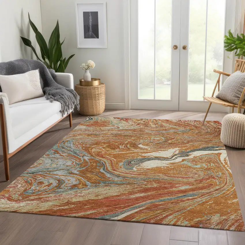 Rust Gray And Ivory Abstract Washable Area Rug With UV Protection Photo 4