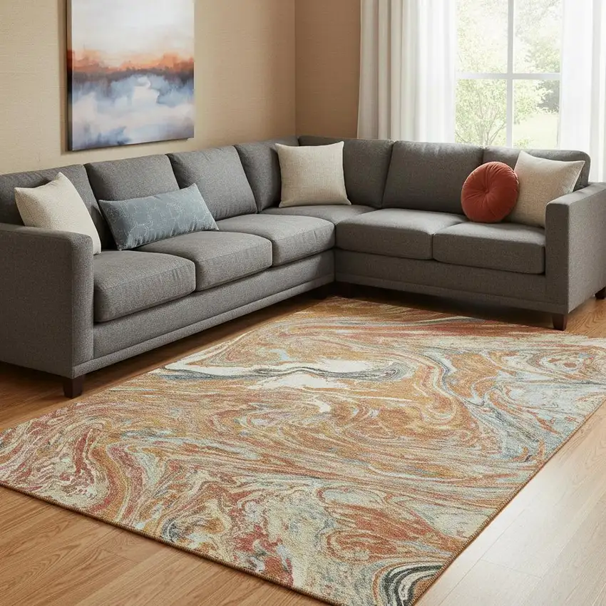 Rust Gray And Ivory Abstract Washable Area Rug With UV Protection Photo 2