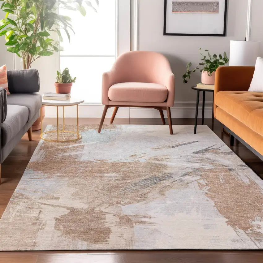 Rust Gray And Ivory Abstract Washable Area Rug With UV Protection Photo 4