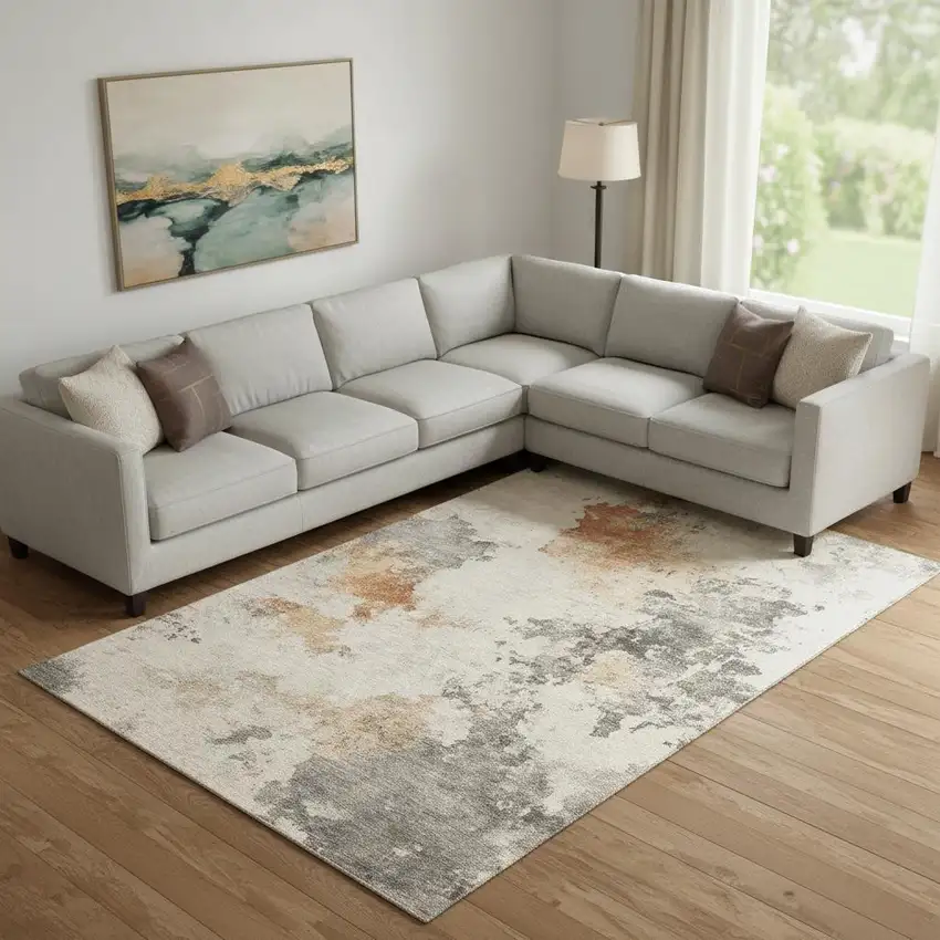 Rust Gray And Ivory Abstract Washable Area Rug With UV Protection Photo 2