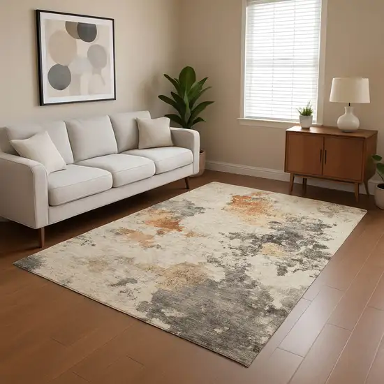 Rust Gray And Ivory Abstract Washable Area Rug With UV Protection Photo 4